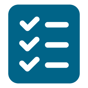 Blue checklist icon with three checkmarks and lines.