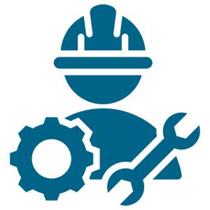 Icon of a construction worker with a gear and wrench symbolizing engineering or maintenance.