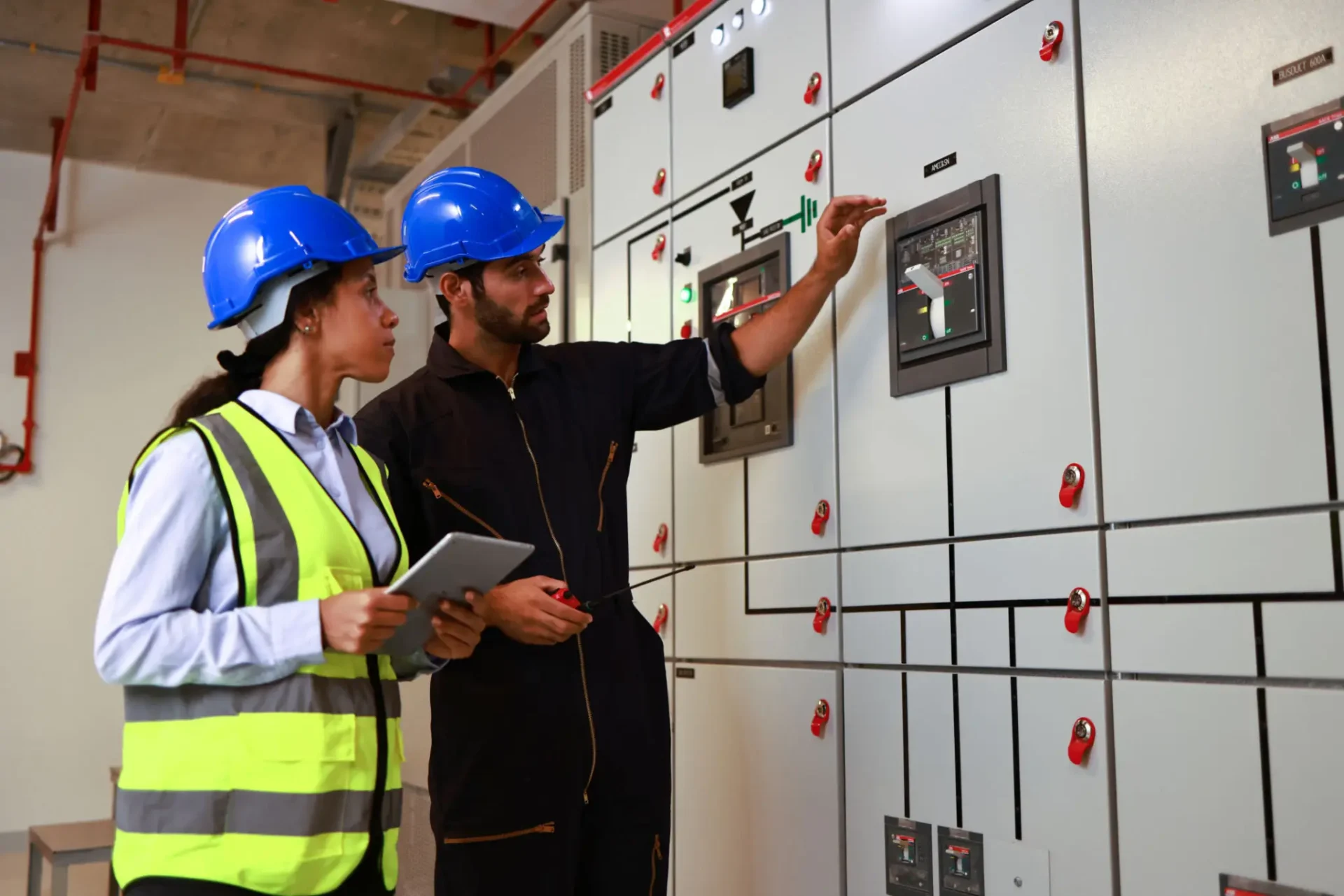 Two electrical engineers inspecting a control panel in a power facility.