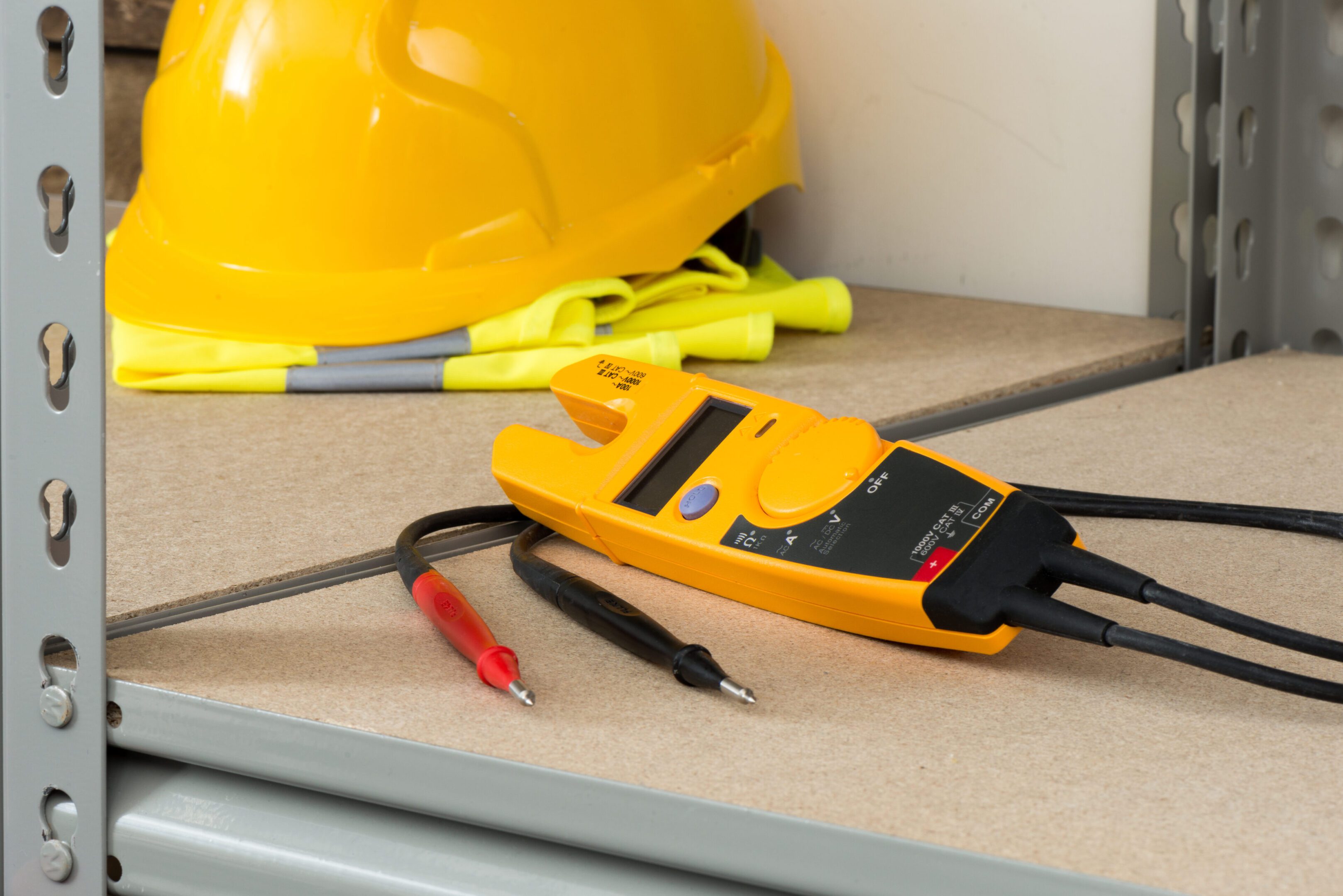 Electrical tools including a multimeter and a hard hat on a workbench.